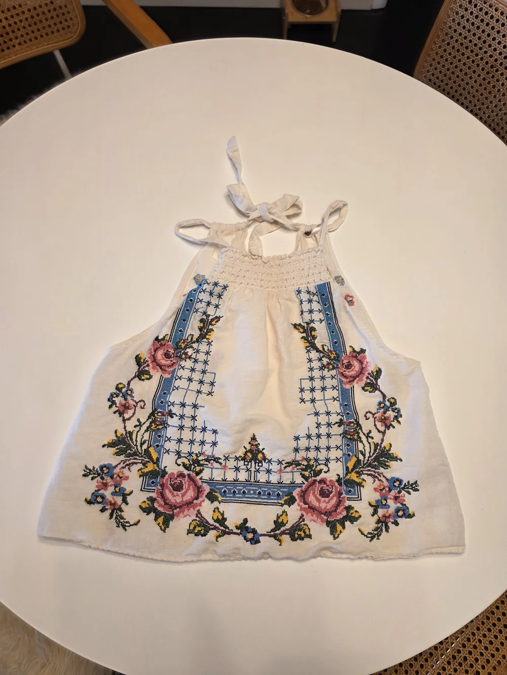 Free People XS Honey Pie Cream Halter Crop Top with Pink Rose Embroidery